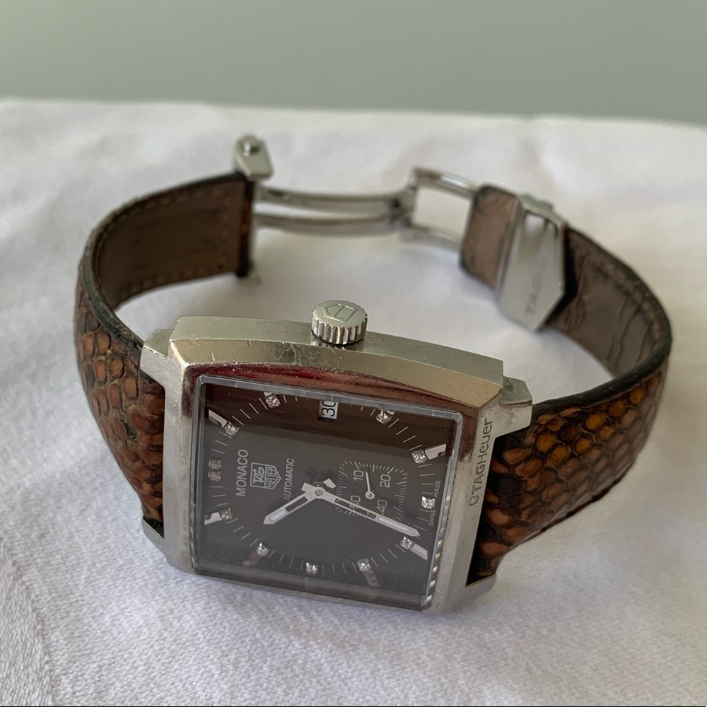 MONACO TAG HEUER 13 diamonds automatic men’s watch. Python skin leather strap. - Picture 3 of 14